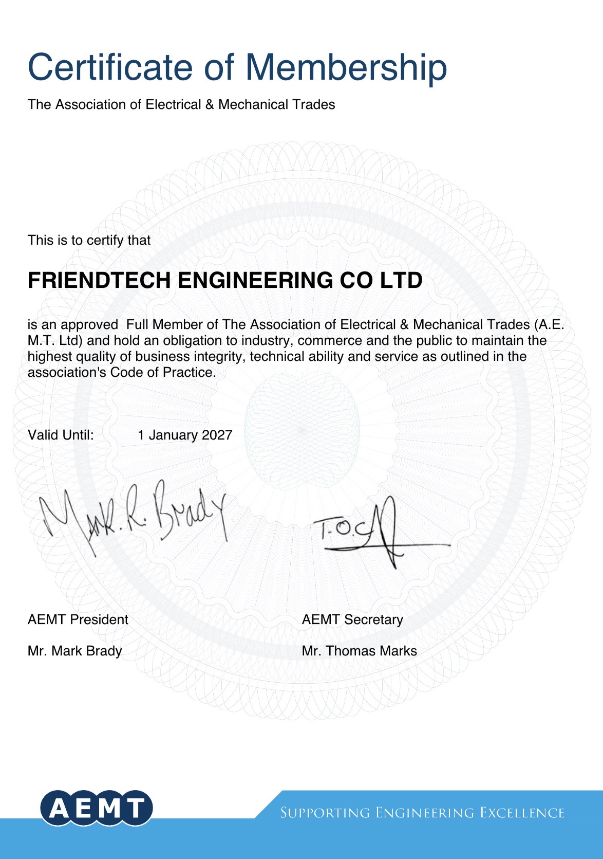 Certificate of Membership The Association of Electical & Mechanical Trades